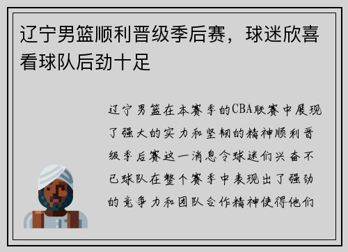 辽宁男篮顺利晋级季后赛，球迷欣喜看球队后劲十足